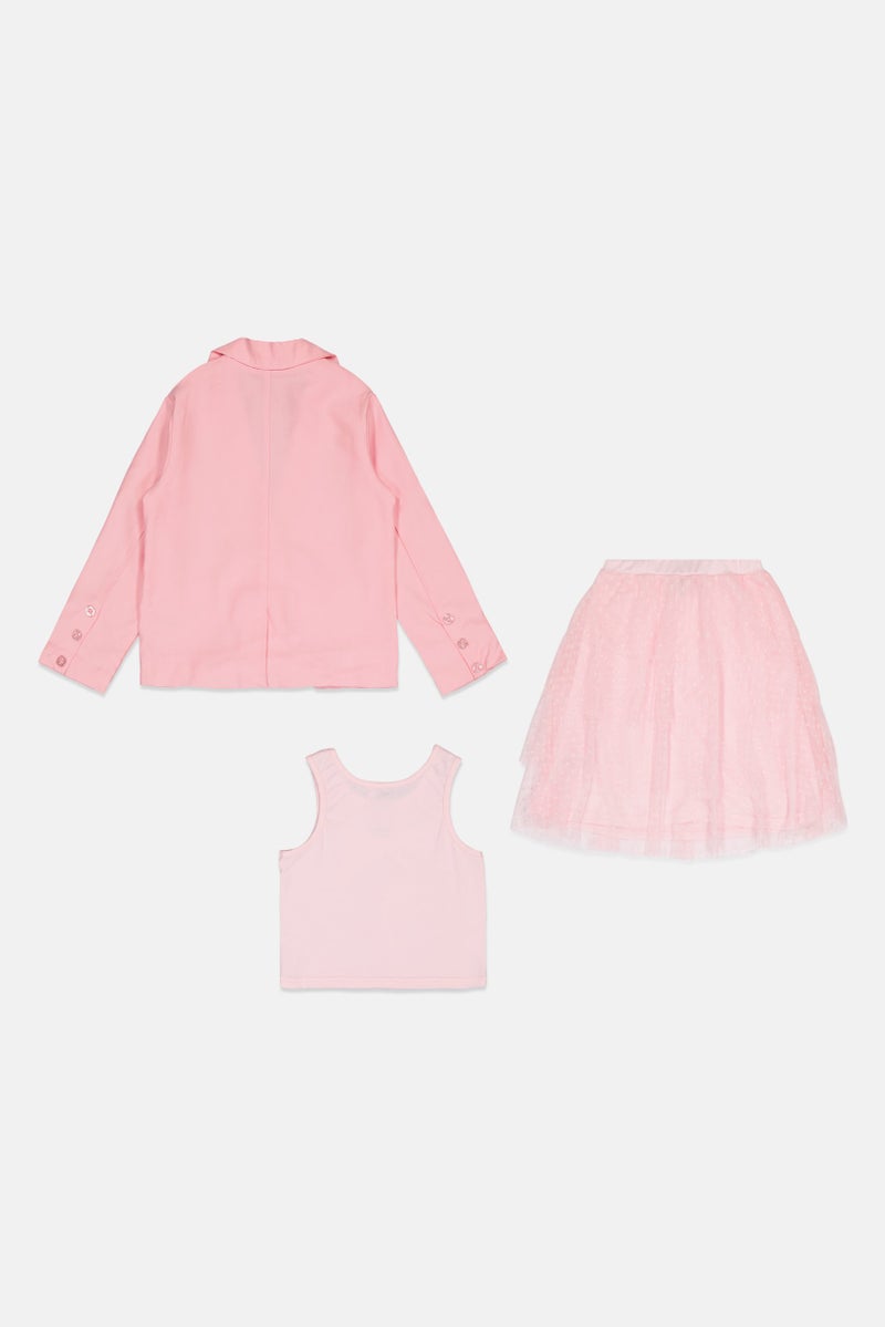 Limited Too Kids Girl 3 Pcs Solid Blazer And Skirt With Top Set, Pink - Image 3