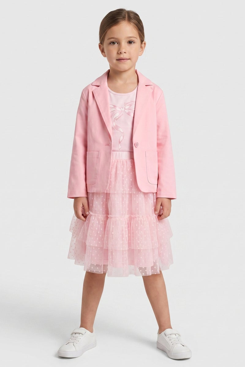 Limited Too Kids Girl 3 Pcs Solid Blazer And Skirt With Top Set, Pink - Image 1