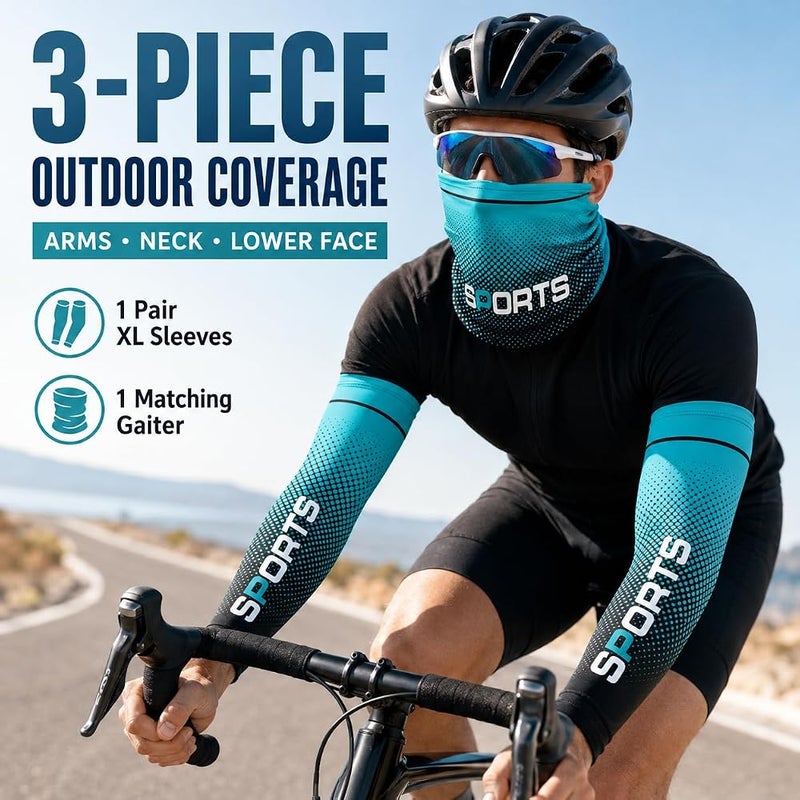 Vimeite 3-Piece Ice-Silk-Feel Arm Sleeves and Neck Gaiter Set, 1 Pair Stretch Outdoor Arm Covers with Face & Neck Cover for Cycling, Running and Hiking, Green,Grey,Light Blue,Dark Blue - Image 2