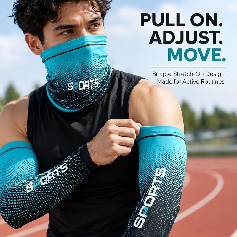 Vimeite 3-Piece Ice-Silk-Feel Arm Sleeves and Neck Gaiter Set, 1 Pair Stretch Outdoor Arm Covers with Face & Neck Cover for Cycling, Running and Hiking, Green,Grey,Light Blue,Dark Blue - Image 4
