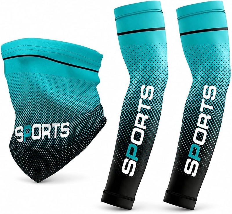 Vimeite 3-Piece Ice-Silk-Feel Arm Sleeves and Neck Gaiter Set, 1 Pair Stretch Outdoor Arm Covers with Face & Neck Cover for Cycling, Running and Hiking, Green,Grey,Light Blue,Dark Blue - Image 1