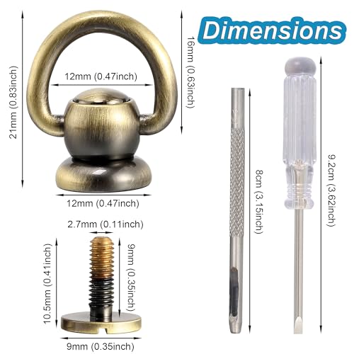 Notgia 4Pcs D Rings for Purse Brass Rivets for Leather Rotatable Purse Strap Hardware Ball Button Studs for Handbag D Rings Chicago Screws for Repair Purse Dog Collar Leather Crafts (Brushed Bronze) - Image 2