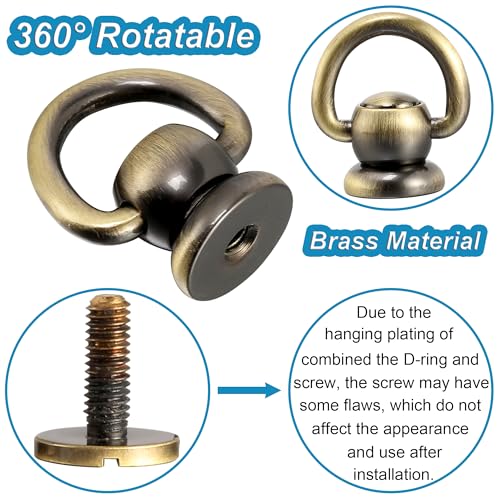 Notgia 4Pcs D Rings for Purse Brass Rivets for Leather Rotatable Purse Strap Hardware Ball Button Studs for Handbag D Rings Chicago Screws for Repair Purse Dog Collar Leather Crafts (Brushed Bronze) - Image 3