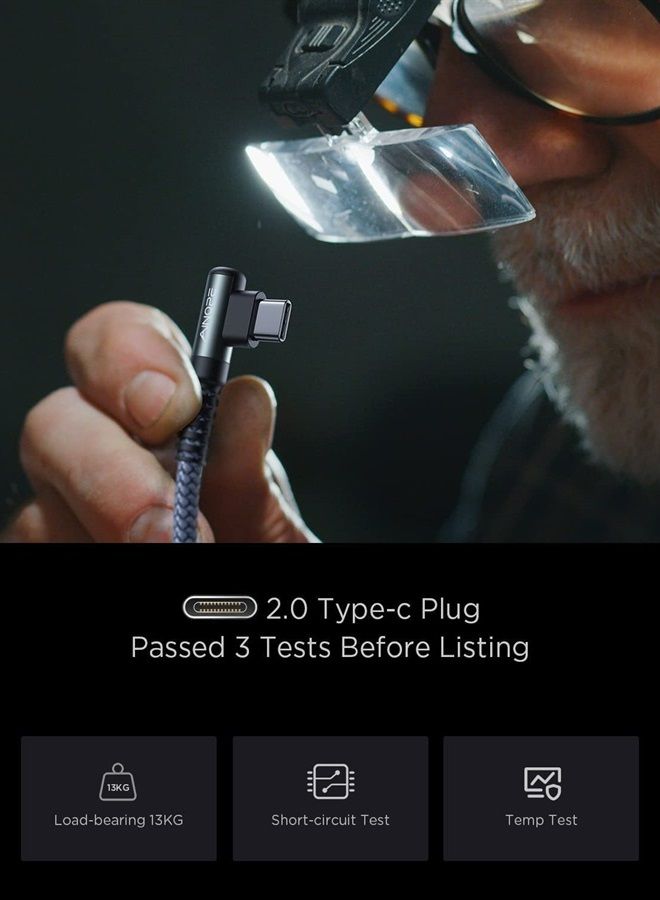 كابل شاحن USB C، [عبوة 2، 6.6 قدم] كابل شحن سريع USB C بزاوية 90 درجة، كابل USB إلى USB C متين مع حياكة نايلون متوافق مع Galaxy S10 S9 Plus S21، Note 10 9 A51، LG G8 G7