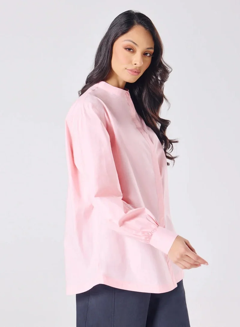 Zigzag Mandarin  Collar Cotton Oversized Shirt- Baby Pink