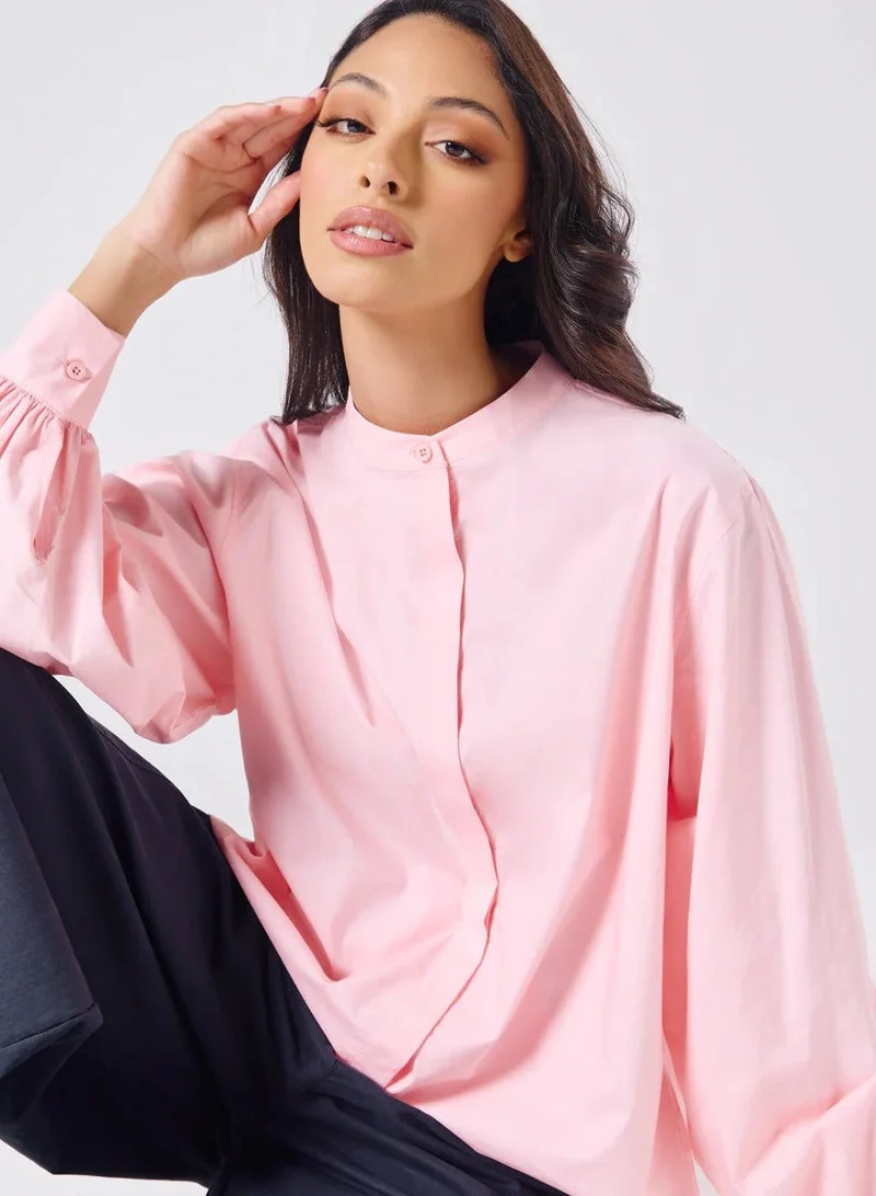 Zigzag Mandarin  Collar Cotton Oversized Shirt- Baby Pink