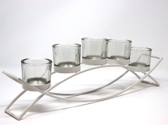 IRON ARCH TABLE CENTERPIECE DECORATIONS LONG CANDLE HOLDER FOR WEDDINGS PATIO KITCHEN DINING ROOM AND COFFEE TABLES WHITE CLEAR CHUNKY 5 CUPS