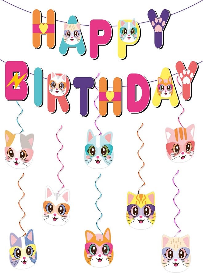 MinFyberd Super Theme Cartoon Cat Birthday Decorations Cute Cat Happy Birthday Banner Cartoon Cats Hanging Swirls Ceiling Streamer Decorations for Kids Boys Girls Baby Shower Party Supplies Favors Wall Decor - Image 1