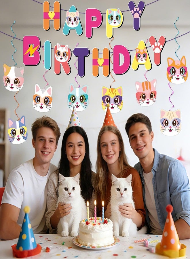 MinFyberd Super Theme Cartoon Cat Birthday Decorations Cute Cat Happy Birthday Banner Cartoon Cats Hanging Swirls Ceiling Streamer Decorations for Kids Boys Girls Baby Shower Party Supplies Favors Wall Decor - Image 4