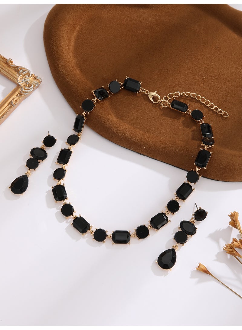 Women's Black Stone Gold-Tone Necklace & Long Dangle Earrings Set - Image 3