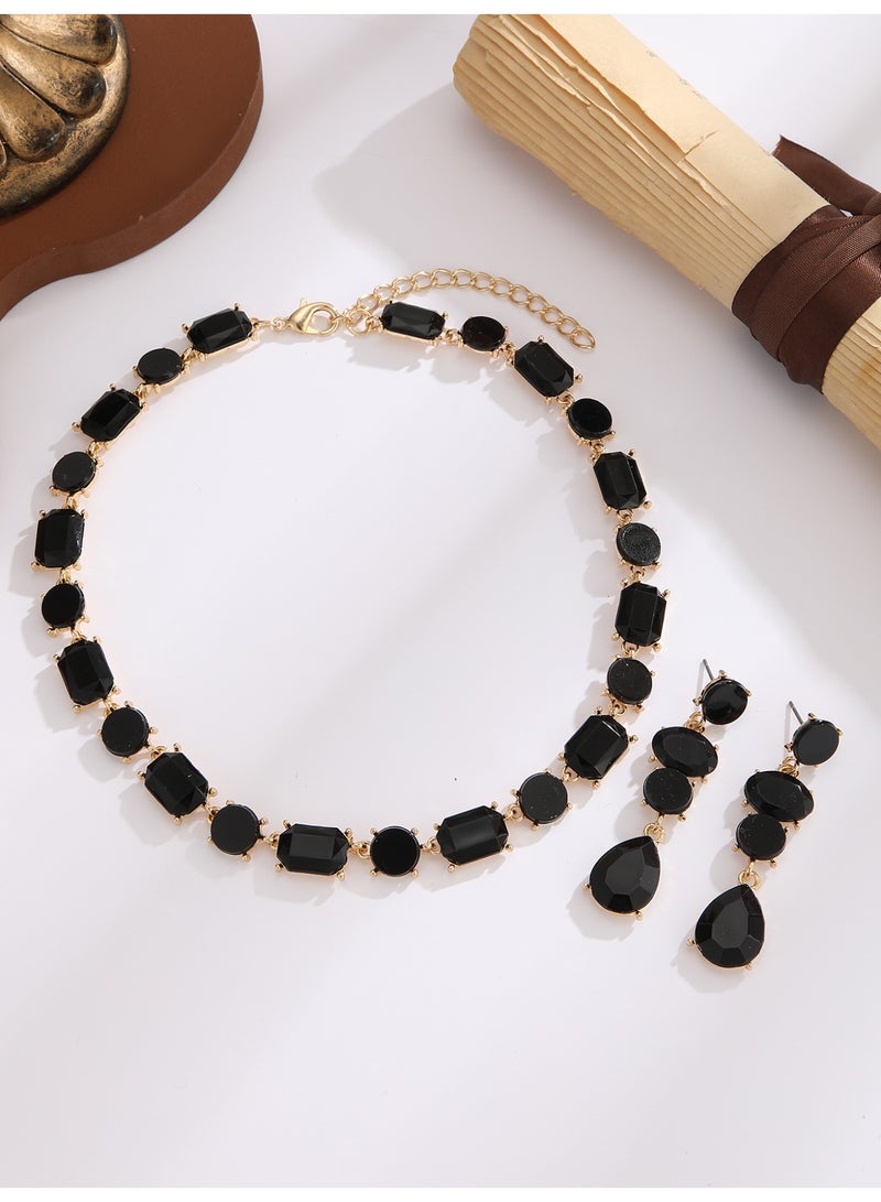 Women's Black Stone Gold-Tone Necklace & Long Dangle Earrings Set - Image 1
