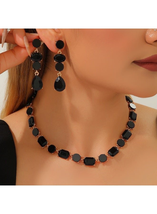 Women's Black Stone Gold-Tone Necklace & Long Dangle Earrings Set - Image 2