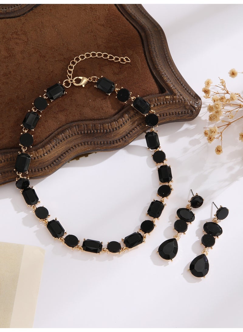 Women's Black Stone Gold-Tone Necklace & Long Dangle Earrings Set - Image 5