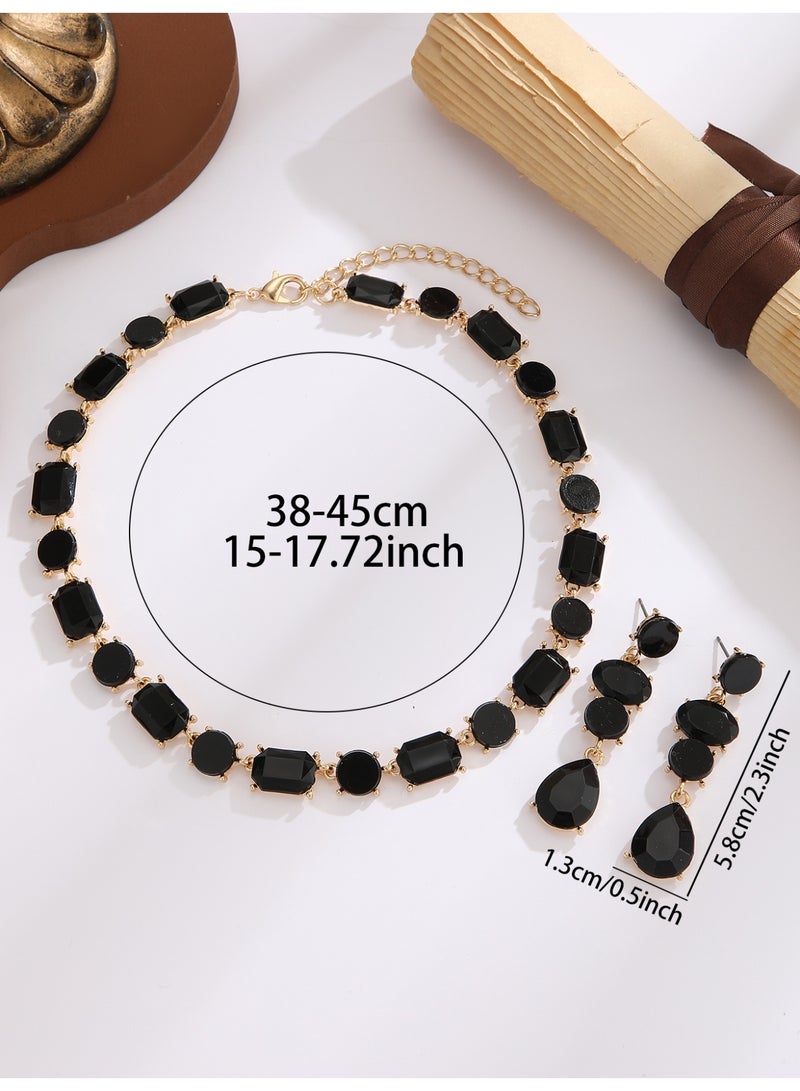 Women's Black Stone Gold-Tone Necklace & Long Dangle Earrings Set - Image 4