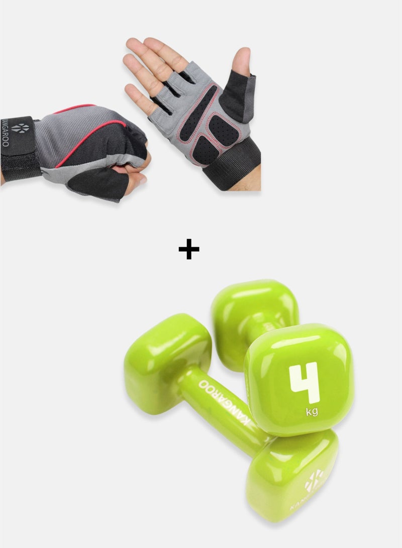 كانجرو مجموعة دمبل كانجرو – زوج من الدمبل 4 كجم مطلي بالنيوبرين مع تصميم مضاد للتدحرج + قفازات تدريب للياقة البدنية المنزلية، تمارين القوة والمقاومة، آمنة ومتينة - Image 1