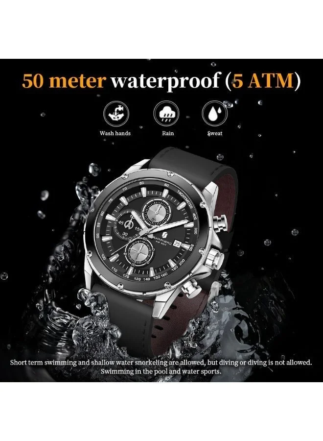 Sapphero  Sapphero Watches Men's  Waterproof Men's Watch Men's Watches Chronograph Black/Blue Leather Silver/Black/Rose Gold Case Black/Blue Dial/Birthday/Father's Day Gift for Men | Best Price UAE