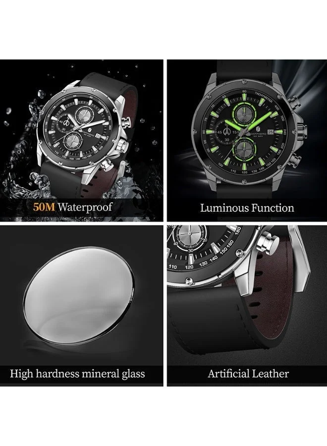 Sapphero  Sapphero Watches Men's  Waterproof Men's Watch Men's Watches Chronograph Black/Blue Leather Silver/Black/Rose Gold Case Black/Blue Dial/Birthday/Father's Day Gift for Men | Best Price UAE