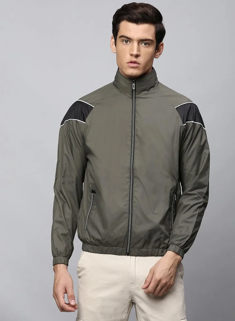 Olive Regular Fit Men's Solid Mock Neck Full Sleeves Polyester Jacket with Zipper Closure