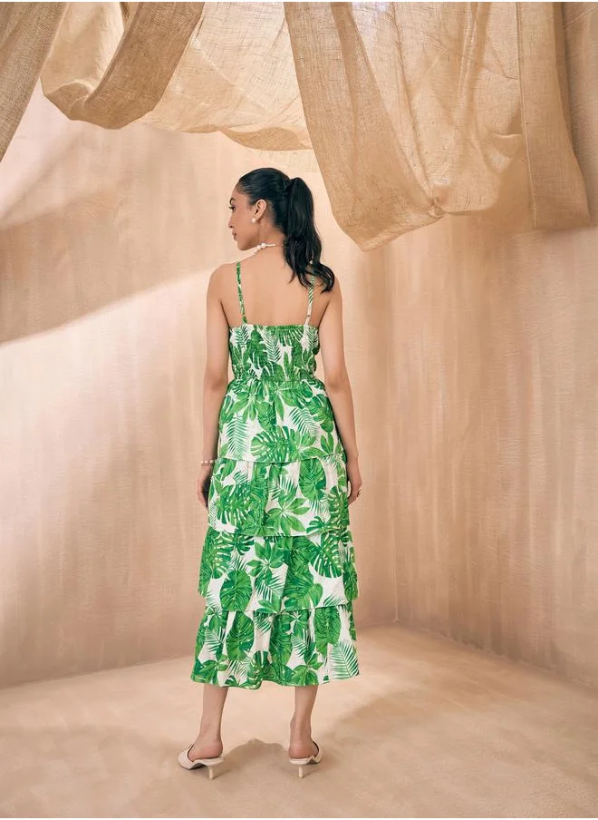 SASSAFRAS Strappy Leaf Print Layered Frill Midi Dress by Styli