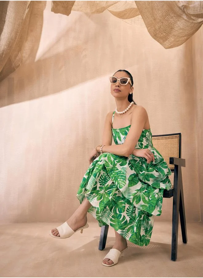 SASSAFRAS Strappy Leaf Print Layered Frill Midi Dress by Styli