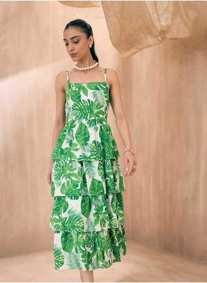 SASSAFRAS Strappy Leaf Print Layered Frill Midi Dress by Styli