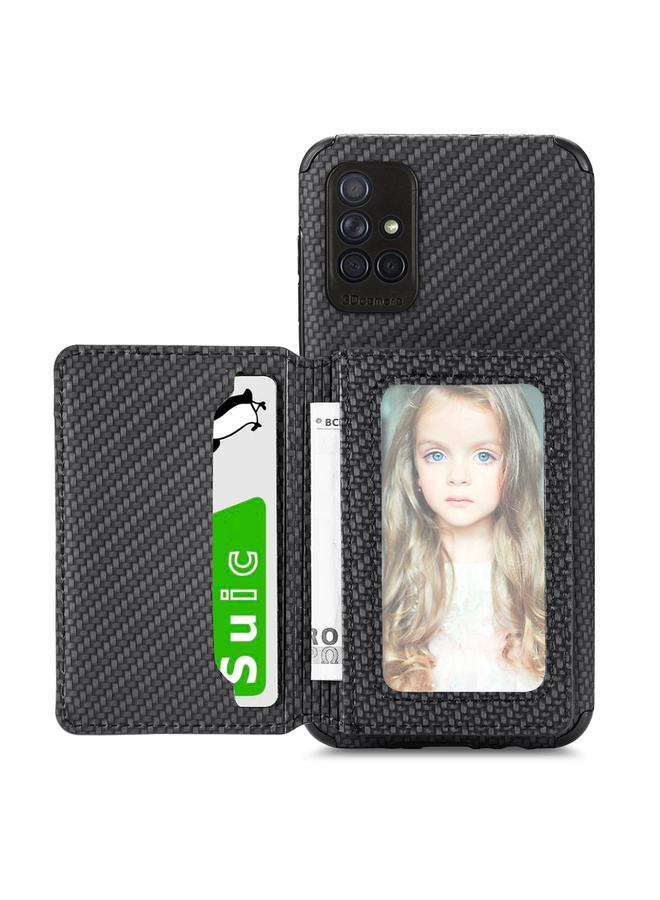 The Bros Case For Samsung Galaxy A71 5G Carbon Fiber Magnetic Card Bag TPU+PU Shockproof Back Cover Case with Holder & Card Slot & Photo Frame 