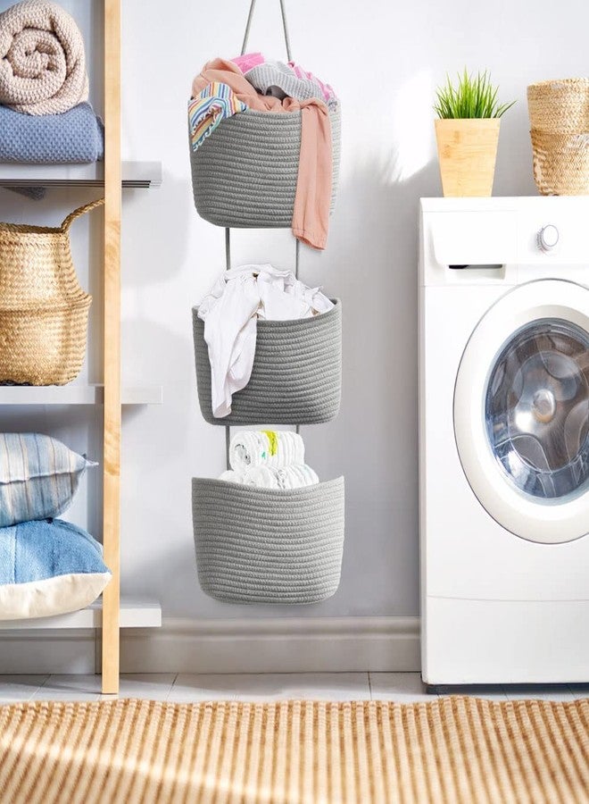 Gleckn Small Basket Cotton Rope Basket With Cat Ears Little Storage Baskets For Organizing Bins Organizer Wicker Nursery Room For Kids Baby Dog Toy Drawer Gifts 9.5"X8.5"X4" (Gray, 3-Tier) - Image 3