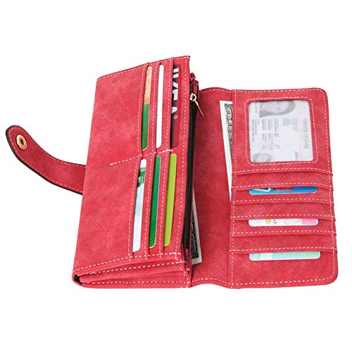 Cynure Women's Vegan Leather 17 Card Slots Card Holder Long Big Bifold Wallet,Red - Image 3