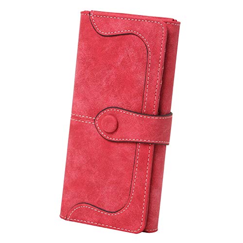 Cynure Women's Vegan Leather 17 Card Slots Card Holder Long Big Bifold Wallet,Red - Image 1