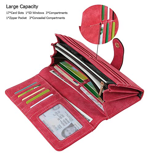 Cynure Women's Vegan Leather 17 Card Slots Card Holder Long Big Bifold Wallet,Red - Image 2