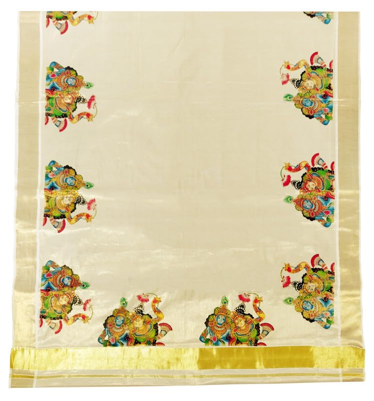 YETTALAN® Women’s Mural Printed Kerala Gold Tissue Saree with Running Blouse (Kannan Radhe) - Image 1