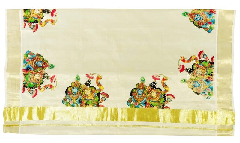YETTALAN® Women’s Mural Printed Kerala Gold Tissue Saree with Running Blouse (Kannan Radhe) - Image 5