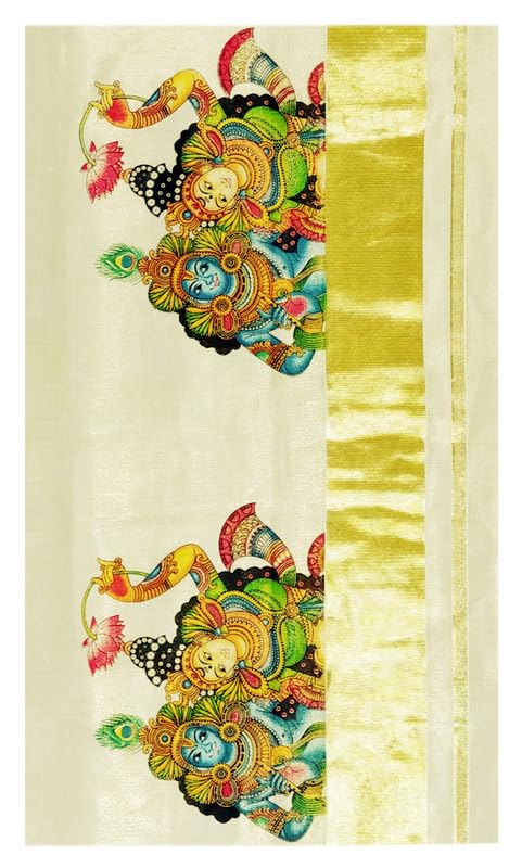 YETTALAN® Women’s Mural Printed Kerala Gold Tissue Saree with Running Blouse (Kannan Radhe) - Image 2