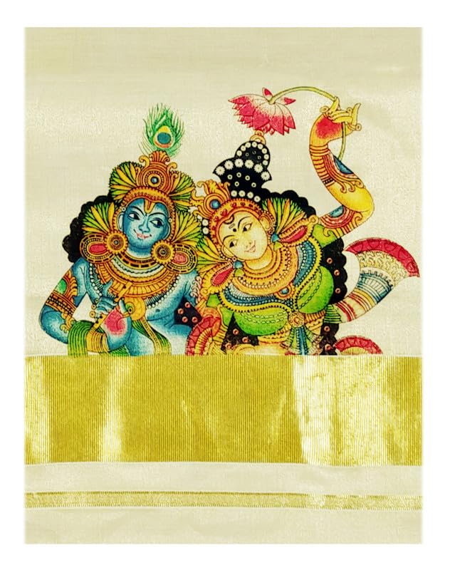 YETTALAN® Women’s Mural Printed Kerala Gold Tissue Saree with Running Blouse (Kannan Radhe) - Image 4