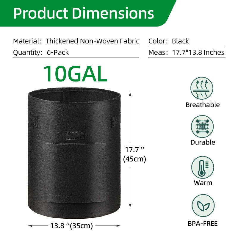 BIJOKETTEN 6 Pack Potato Grow Bags, 10 Gallon Planting Bags Large Fabric Pots with Flap Window Vegetable Planter Garden Pot Tall Potato Growing Containers with Handles for Vegetables, Fruits, Black + Grey - Image 2