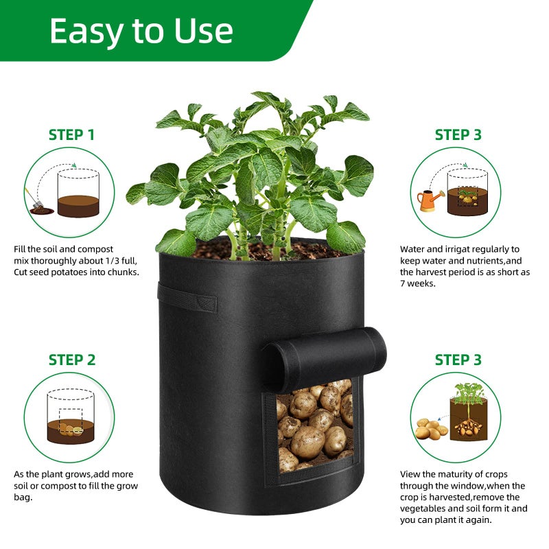 BIJOKETTEN 6 Pack Potato Grow Bags, 10 Gallon Planting Bags Large Fabric Pots with Flap Window Vegetable Planter Garden Pot Tall Potato Growing Containers with Handles for Vegetables, Fruits, Black + Grey - Image 4