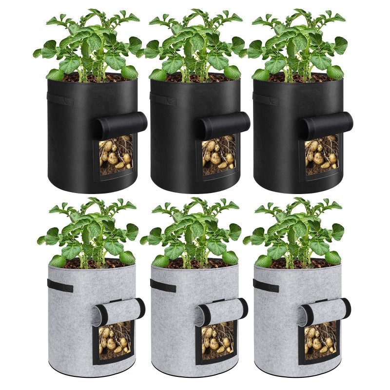 BIJOKETTEN 6 Pack Potato Grow Bags, 10 Gallon Planting Bags Large Fabric Pots with Flap Window Vegetable Planter Garden Pot Tall Potato Growing Containers with Handles for Vegetables, Fruits, Black + Grey - Image 1