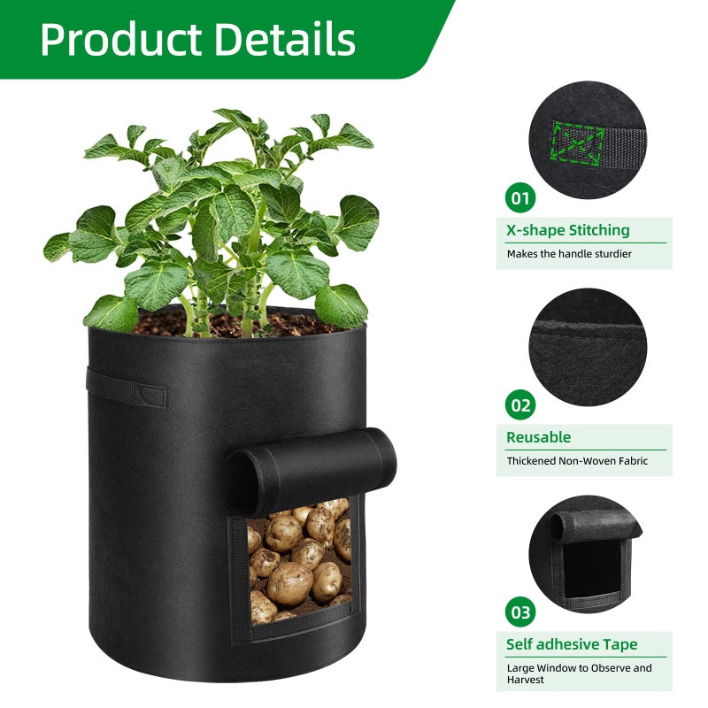 BIJOKETTEN 6 Pack Potato Grow Bags, 10 Gallon Planting Bags Large Fabric Pots with Flap Window Vegetable Planter Garden Pot Tall Potato Growing Containers with Handles for Vegetables, Fruits, Black + Grey - Image 3