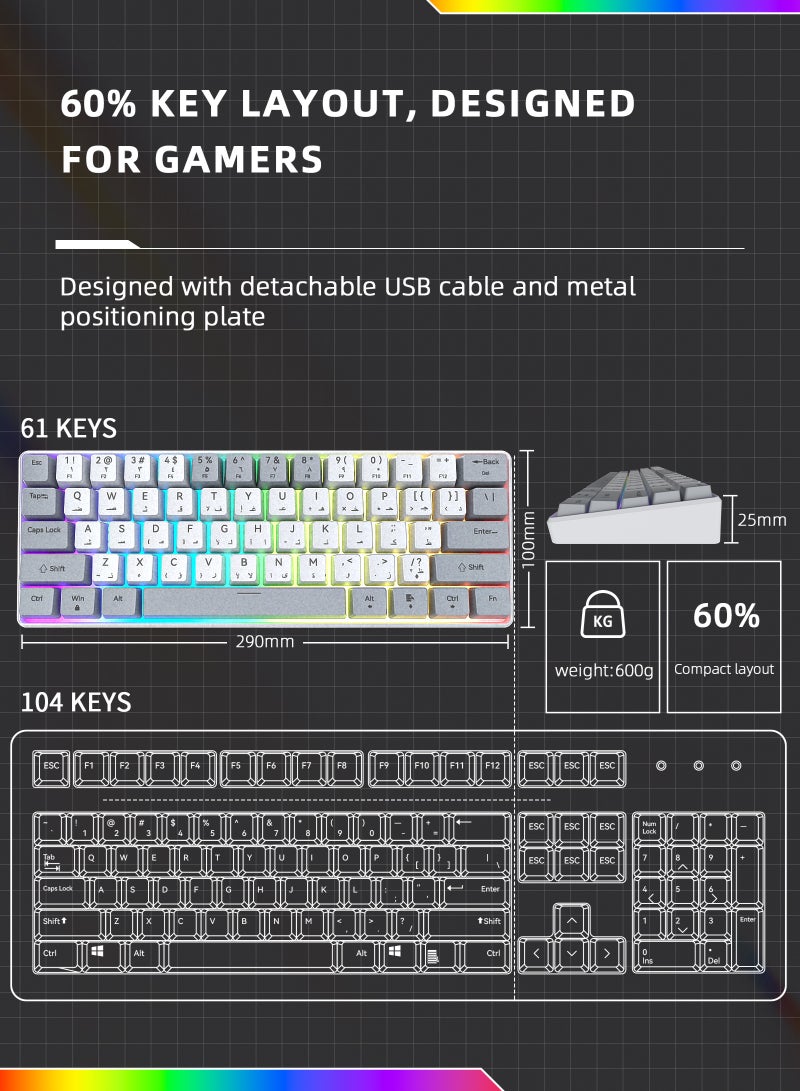 ULHYC RGB Mechanical Gaming Keyboard 61 Keys Bicolor English Arabic Ergonomic Waterproof Anti-Ghosting Mini High-Performance Keyboard for Gamers Daily Use - Image 4