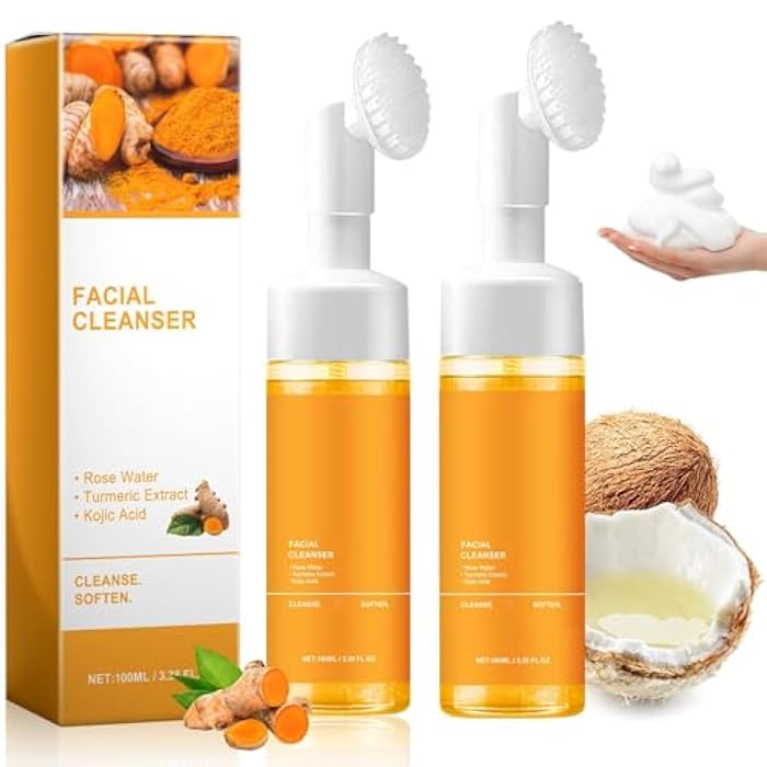 JISKG 2 Pcs Turmeric Facial Cleanser, Glow Wash Turmeric Face Wash With Brush, Deep Cleansing Exfoliating for Women All Skin. - Image 1