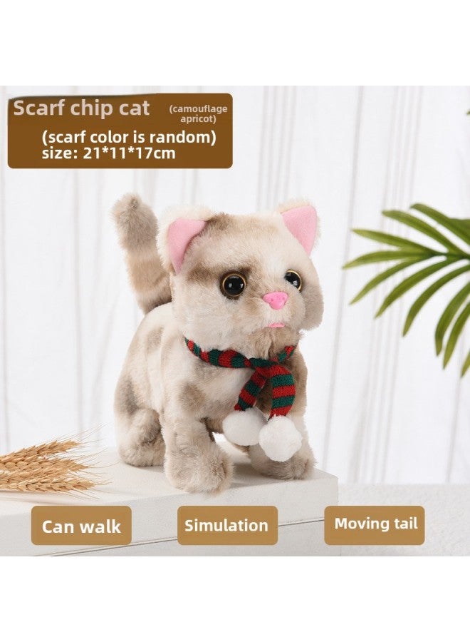 Plush Electric Cat Simulation Cry Will Walk Will Nod And Wag Tail Xiao Mao Toy Electronic Cat Girl Toy-Colour: Scarf Chip Cat (camouflage Apricot) - Image 1