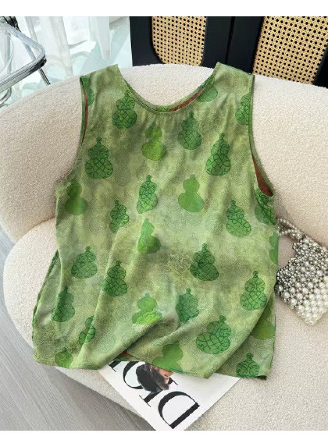 XINYANG Hulu Print Sleeveless Vest Shirt Women, 2025 Summer Single Row Button Vest Top Blouse - Image 1