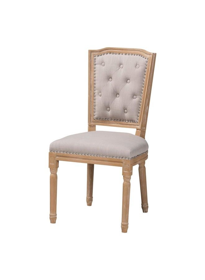 Baxton Studio Estelle Shabby Chic Rustic French Country Cottage Weathered Oak Linen Button Tufted Upholstered Dining Chair, Medium, Beige - Image 1