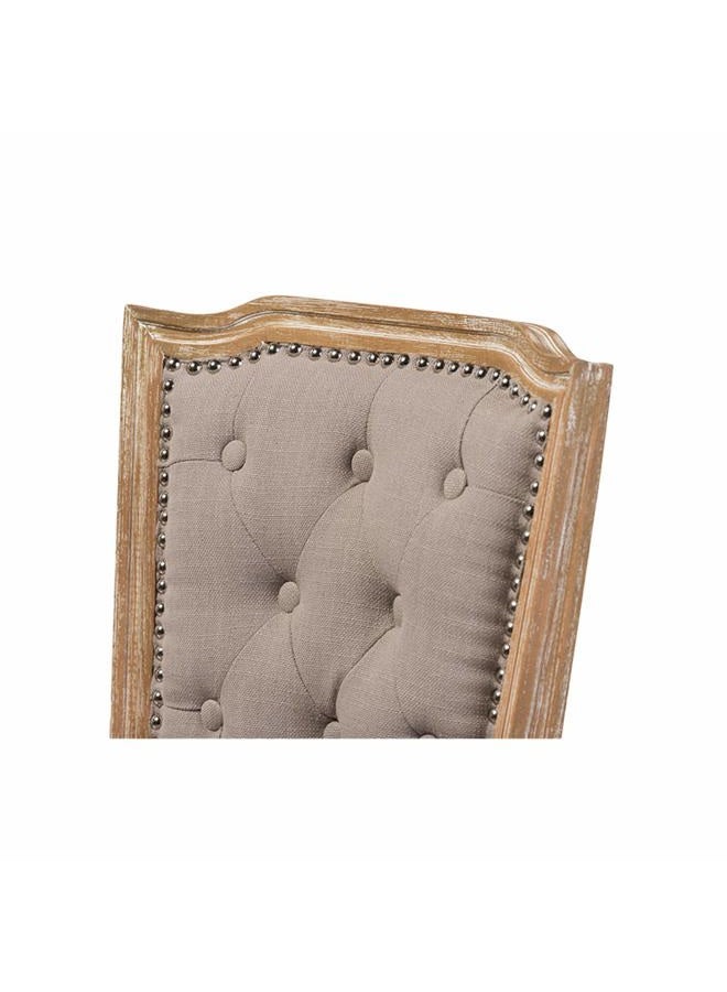 Baxton Studio Estelle Shabby Chic Rustic French Country Cottage Weathered Oak Linen Button Tufted Upholstered Dining Chair, Medium, Beige - Image 5