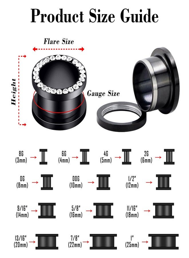 Qmcandy 8pcs Stainless Steel Screw Fit Ear Tunnels Single Row CZ Gem Tunnels Piercing Gauge 1 inch(25mm) - Image 5