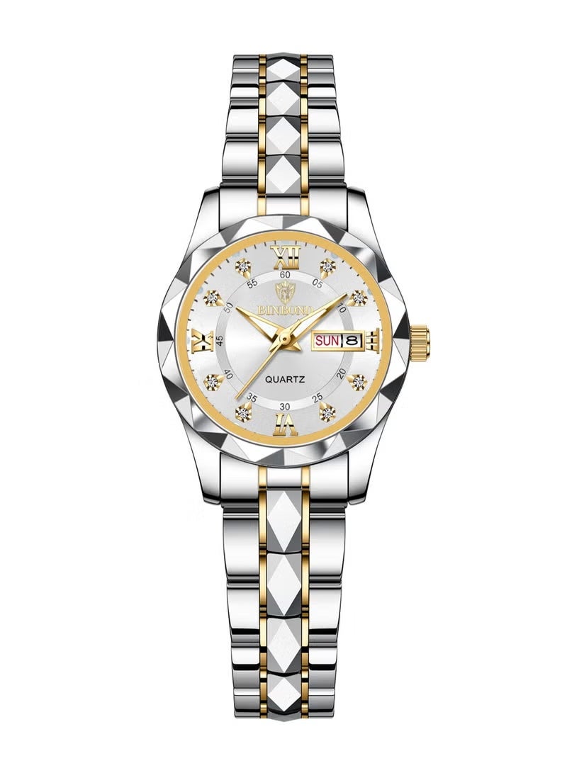 بينبوند ساعات نسائية فاخرة موضة ذهبي وفضي ستانلس ستيل ساعة يد كوارتز مقاومة للماء مينا أبيض مضيئة هدية للسيدات - Image 5