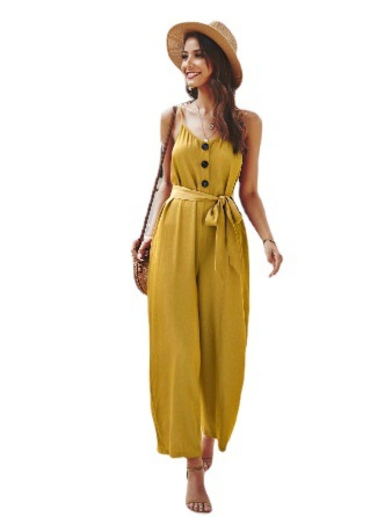 2021 European and American waist type solid color fashion sexy suspenders cotton sleeveless minimalist long jumpsuit L blue - Image 5