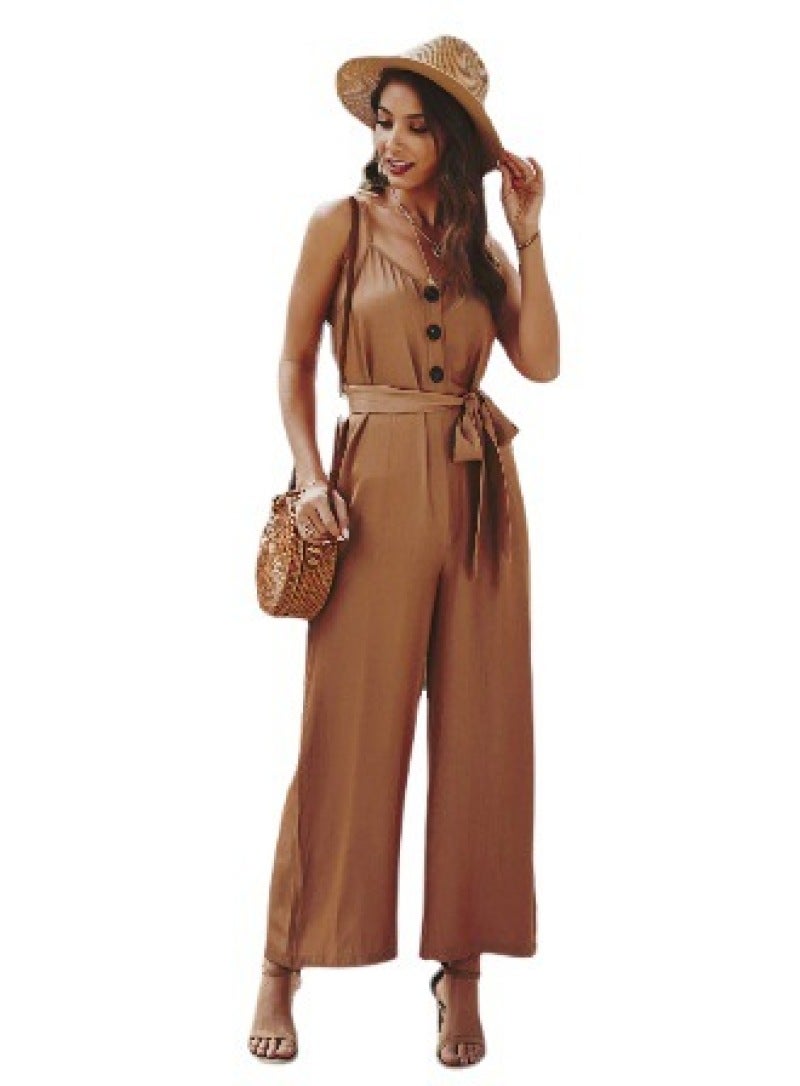 2021 European and American waist type solid color fashion sexy suspenders cotton sleeveless minimalist long jumpsuit L blue - Image 3