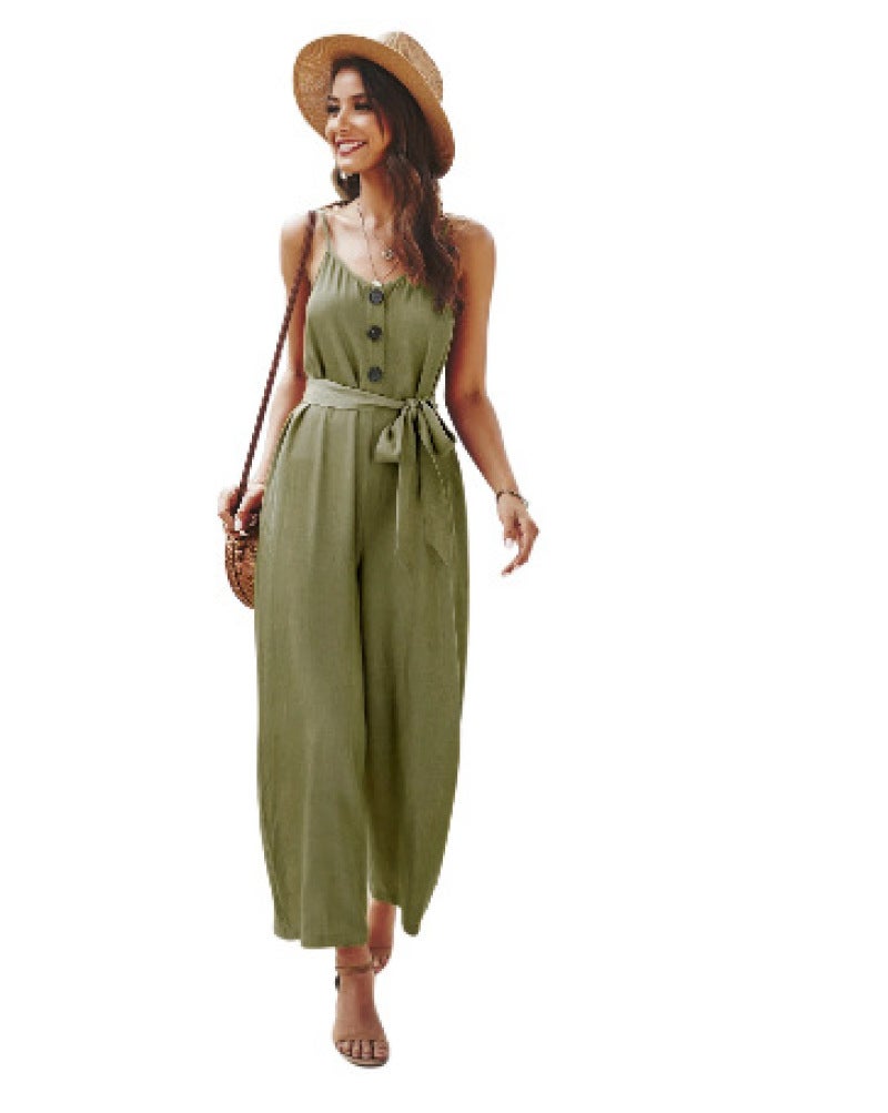 2021 European and American waist type solid color fashion sexy suspenders cotton sleeveless minimalist long jumpsuit L blue - Image 2