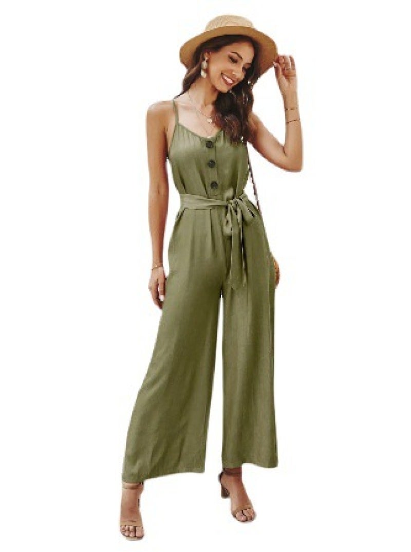 2021 European and American waist type solid color fashion sexy suspenders cotton sleeveless minimalist long jumpsuit L blue - Image 4
